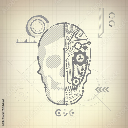 concept of blueprint of A.I. invention, robot brain and skull diagram