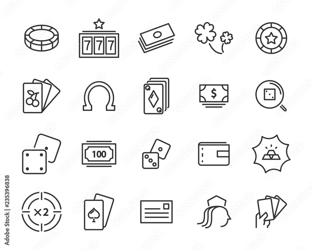 Fototapeta premium set of casino game vector line icons, such as blackjack card, jackpot, bet, luck and more