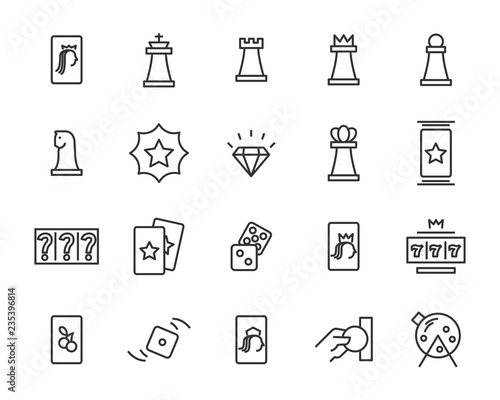 set of casino game vector line icons, such as blackjack card, jackpot, bet, luck and more
