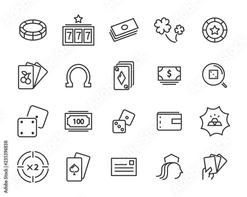 set of casino game vector line icons, such as blackjack card, jackpot, bet, luck and more