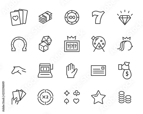 set of casino game vector line icons, such as blackjack card, jackpot, bet, luck and more