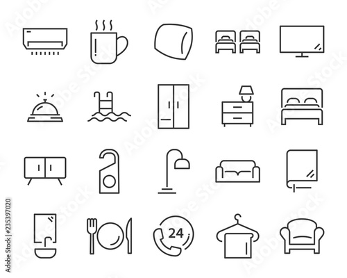 set of hotel icons, such as, bed, domitory, apartment, furniture, booking