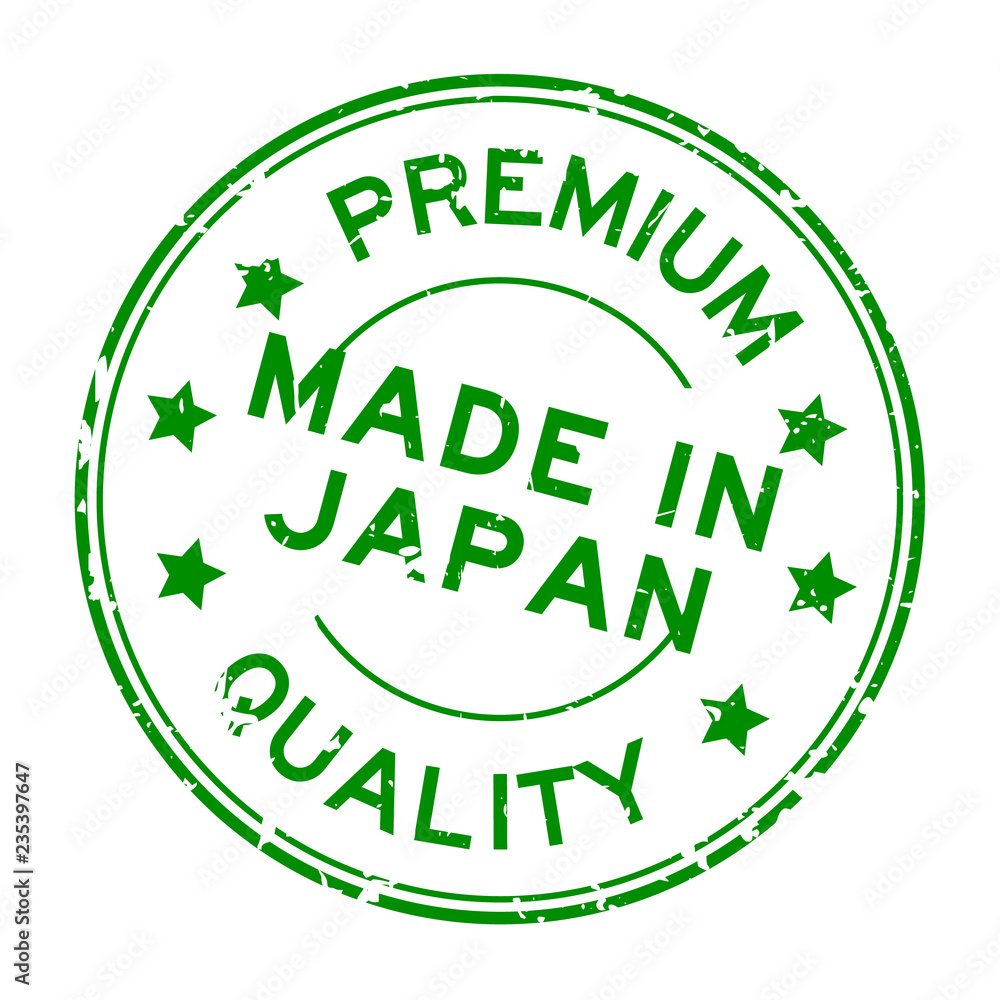 Grunge premium quality made in japan round rubber stamp on white background
