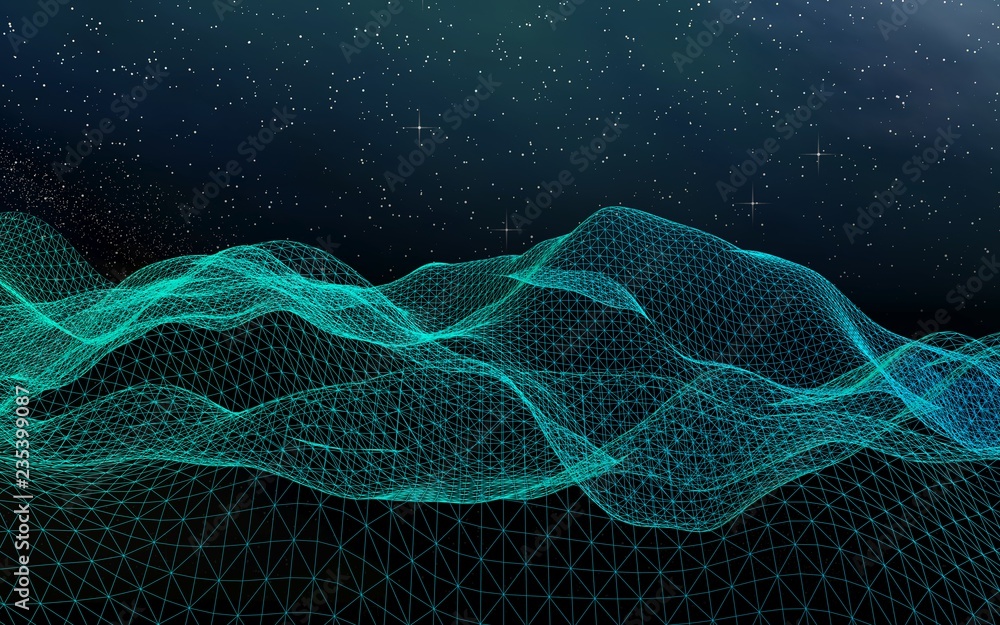 Fototapeta premium Star horizon. Abstract landscape on a dark background. Cyberspace grid. Hi-tech network. Outer space. Starry outer space texture. 3D illustration