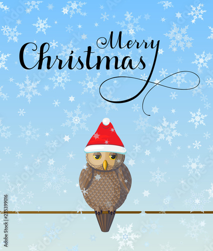 Christmas Greeting card with cute brown owl wear red hat on blue background with snowflakes.
