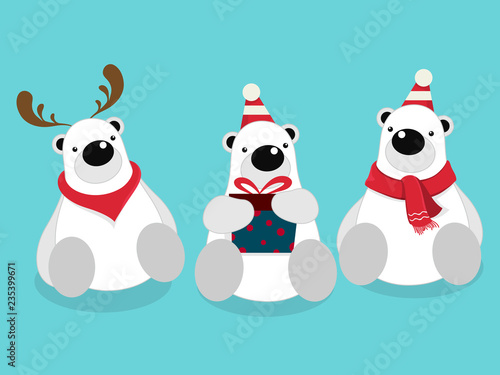 Vector illustration of isolated cute polar bear cartoon character sitting, wearing red scarf on blue background celebrating for Christmas party.
