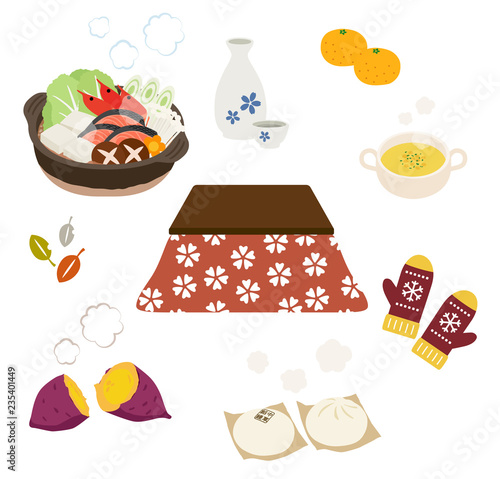 こたつと冬の暖かい食べ物セット