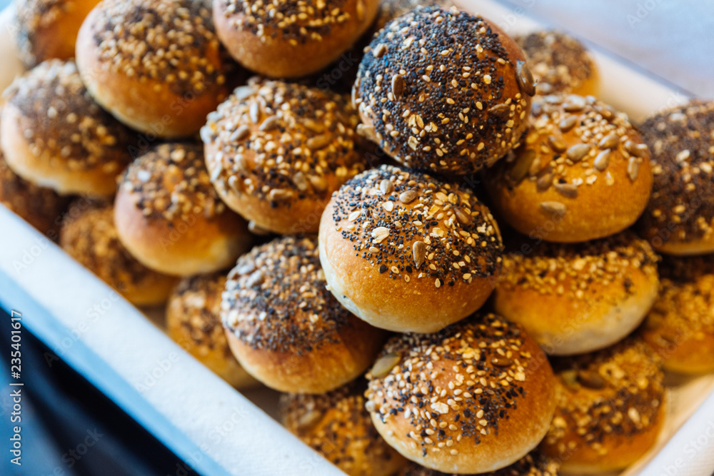 Freshly baked bread topping with black sesame and Sunflower seed. Homemade by artisan. Freshly baked bread topping with black sesame and Sunflower seed. Homemade by artisan.