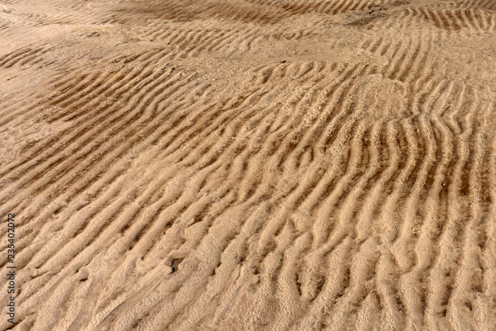 Wet sand with traces of water. The texture of the sandy surface after the rain. Close-up. Wet sand with traces of water. The texture of the sandy surface after the rain. Close-up.