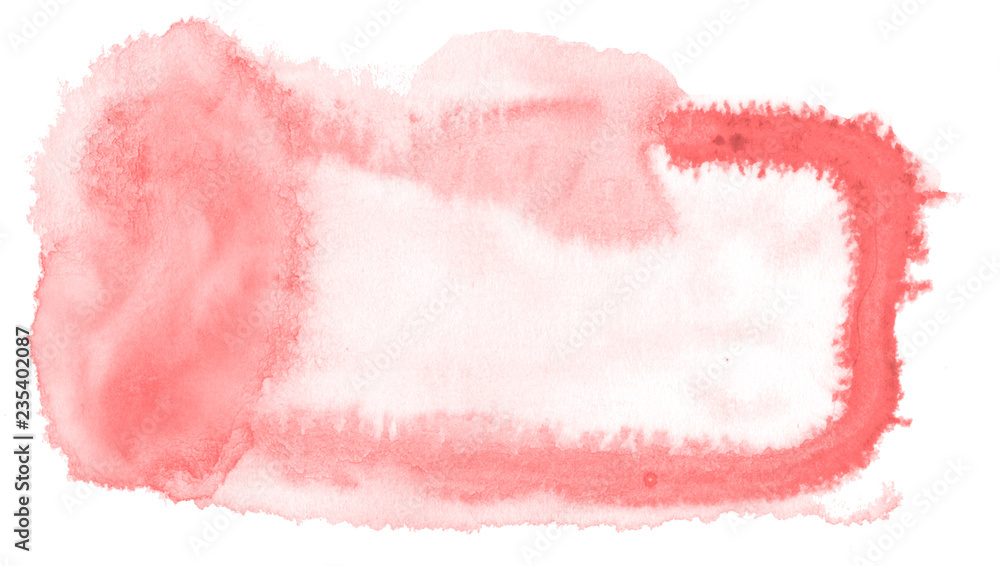 Light red, pink watercolor hand-drawn isolated wash stain on white background for text, design. Abstract texture made by brush for banner, label.