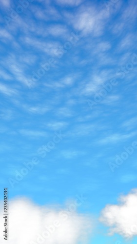 Blue sky background with white clouds. Abstraction group of clouds on clear blue sky on sunny day. 3D illustration