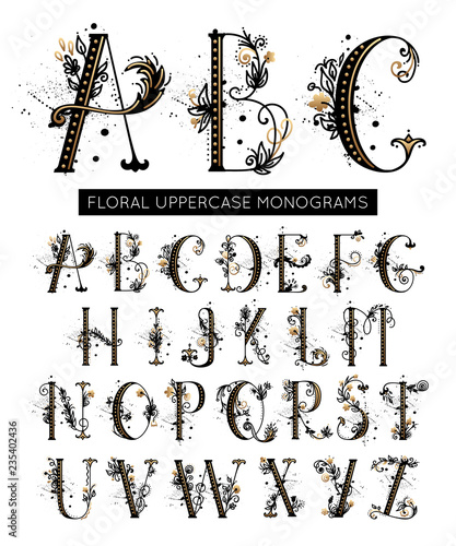 Alphabet. Hand drawn floral uppercase letters monograms or logo, design elements for wedding invitations. Vector font decorated flower and leaves.