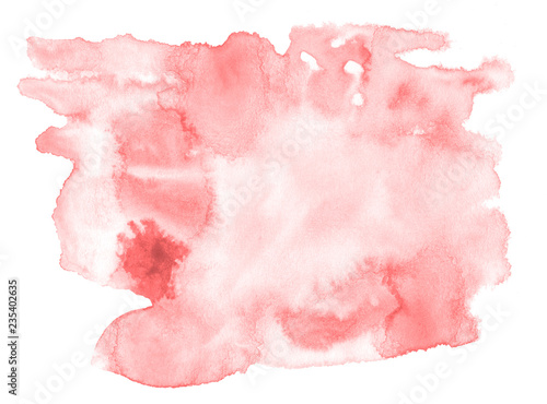 Light red, pink watercolor hand-drawn isolated wash stain on white background for text, design. Abstract texture made by brush for banner, label.