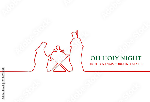 Line drawing, Birth of Christ, Silhouette of Mary, Joseph and Jesus, Vector