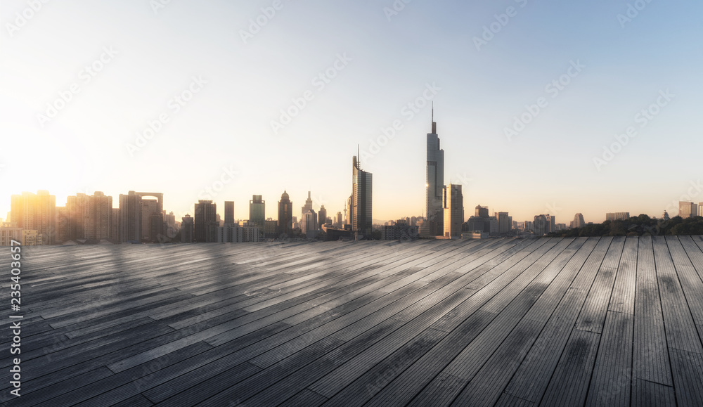 Panoramic skyline and modern buildings with empty boardwalk