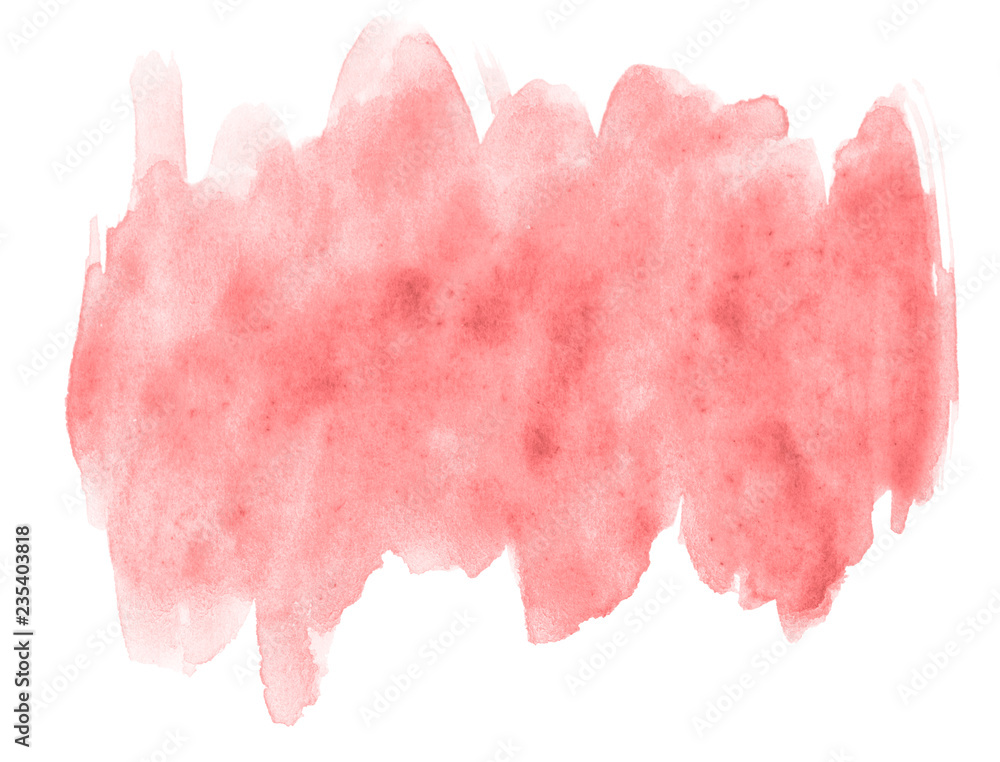 Light red, pink watercolor hand-drawn isolated wash stain on white background for text, design. Abstract texture made by brush for banner, label.