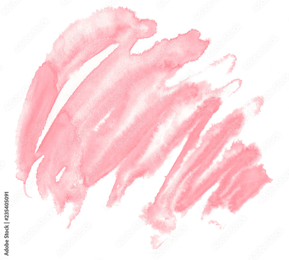 Light red, pink watercolor hand-drawn isolated wash stain on white background for text, design. Abstract texture made by brush for banner, label. Light red, pink watercolor hand-drawn isolated wash stain on white background for text, design. Abstract texture made by brush for banner, label.