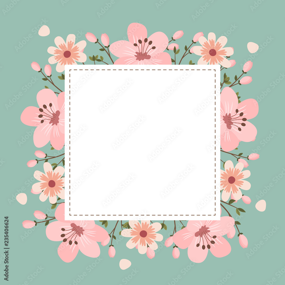 Floral greeting card and invitation template for wedding or birthday anniversary, Vector square shape of text box label and frame, Pink sakura flowers wreath ivy style with branch and leaves. Floral greeting card and invitation template for wedding or birthday anniversary, Vector square shape of text box label and frame, Pink sakura flowers wreath ivy style with branch and leaves.