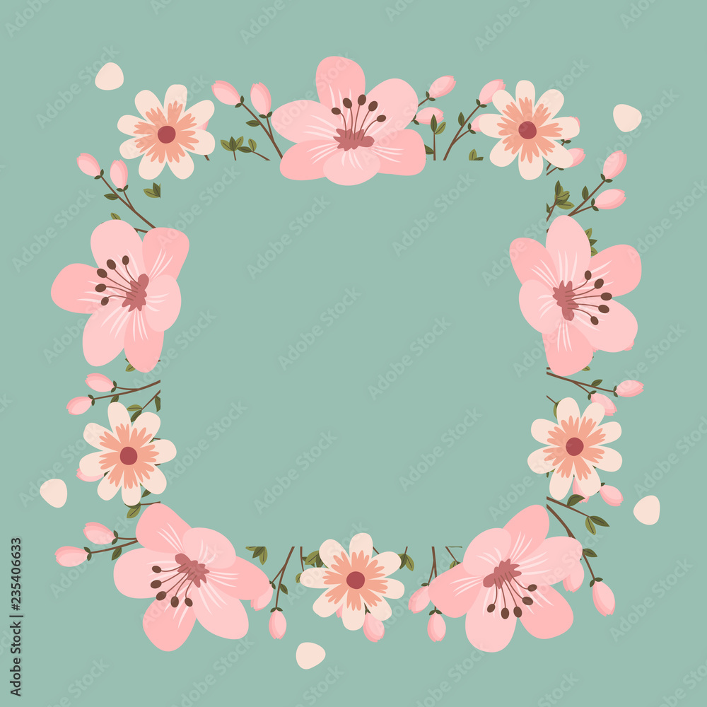 Floral greeting card and invitation template for wedding or birthday anniversary, Vector square shape of text box label and frame, Pink sakura flowers wreath ivy style with branch and leaves.