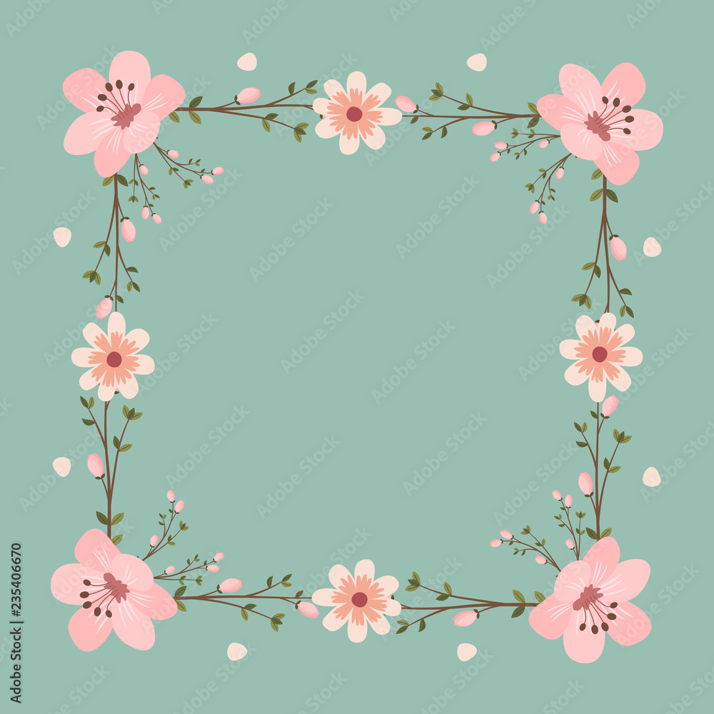 Floral greeting card and invitation template for wedding or birthday anniversary, Vector square shape of text box label and frame, Pink sakura flowers wreath ivy style with branch and leaves.