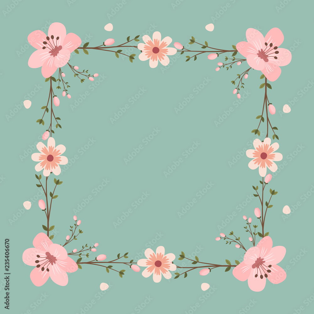 Floral greeting card and invitation template for wedding or birthday anniversary, Vector square shape of text box label and frame, Pink sakura flowers wreath ivy style with branch and leaves. Floral greeting card and invitation template for wedding or birthday anniversary, Vector square shape of text box label and frame, Pink sakura flowers wreath ivy style with branch and leaves.