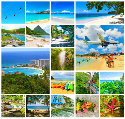 Collage from views of the Caribbean beaches of Saint Martin, Lucia, Dominicana. Happy Caribbean cruise concept