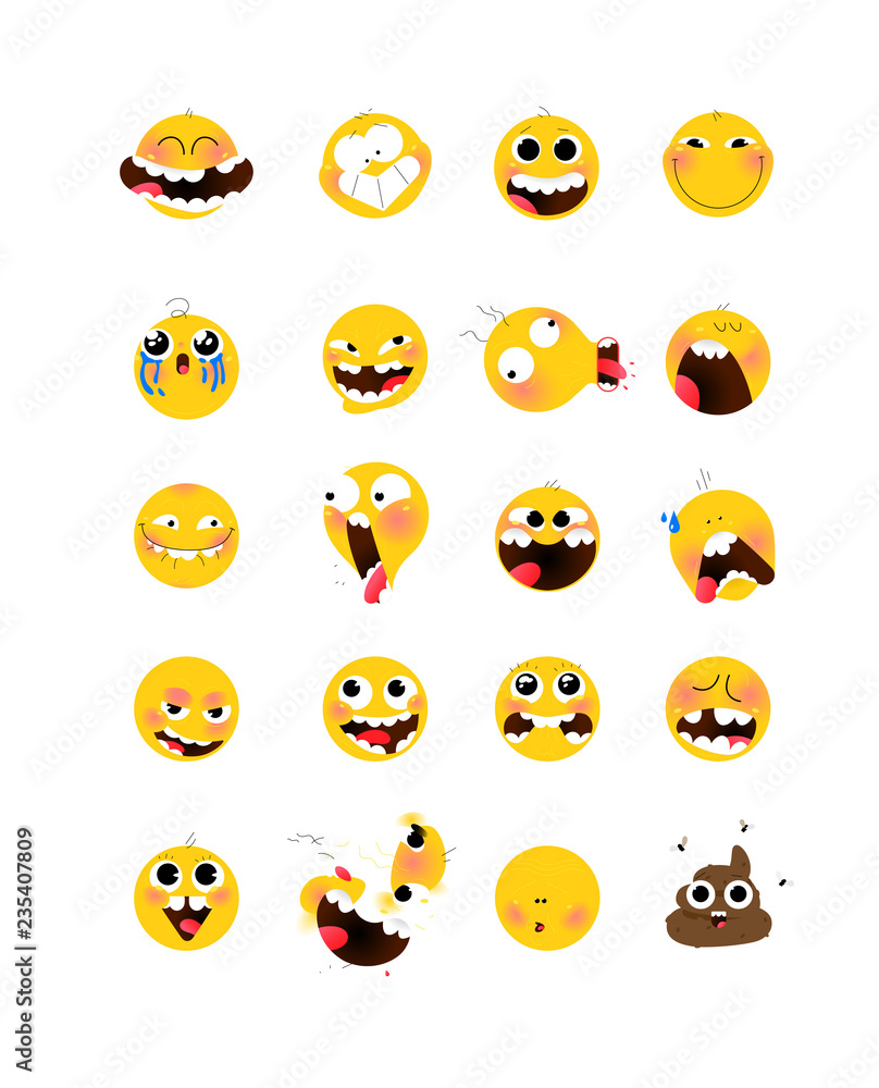 Obraz premium Set of yellow emotional heads, faces. Flat illustration of stylized human face. Round signs. Emoji, yellow sad, funny faces. Characters Internet memes.