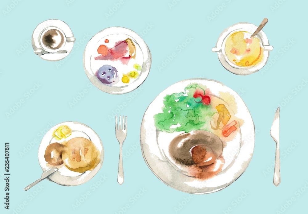 真上から見た料理、デザート付、ブルー背景