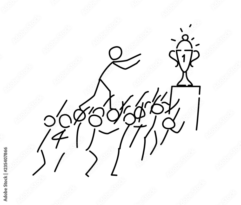 Illustration of a little man going to the award.  To the goal of the head, at any cost. Metaphor. Linear style. Illustration for website or presentation. Greed in business.