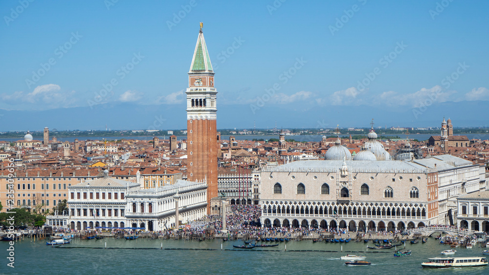 Fototapeta premium Venice, Italy. Amazing drone aerial landscape of the San Marco square, Riva degli Schiavoni and water basin