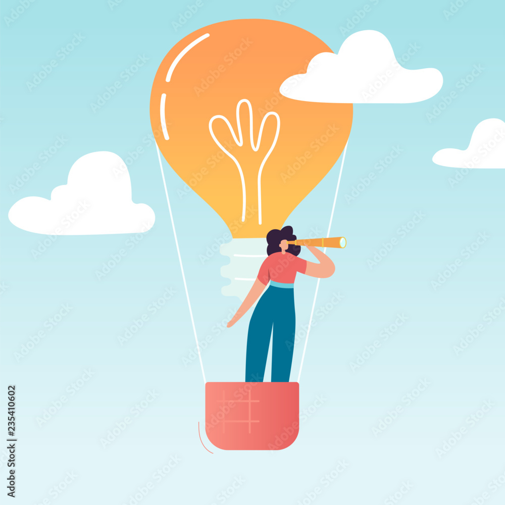 Business Woman Flying on Air Balloon with Light Bulb. Female Character Looking through spyglass in search of creative idea. Business Vision Concept. Vector illustration Business Woman Flying on Air Balloon with Light Bulb. Female Character Looking through spyglass in search of creative idea. Business Vision Concept. Vector illustration
