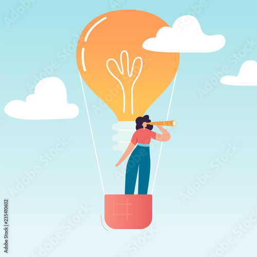 Business Woman Flying on Air Balloon with Light Bulb. Female Character Looking through spyglass in search of creative idea. Business Vision Concept. Vector illustration