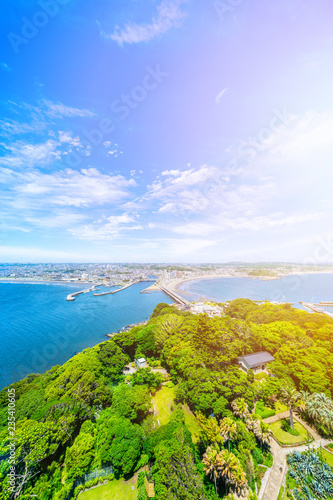 enoshima island and urban skyline aerial view