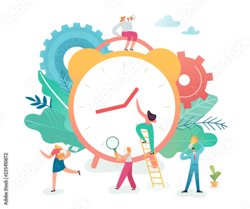 Time Management Business Process Optimization Concept. Business People Working around Alarm Clock. Characters Team Work. Vector illustration