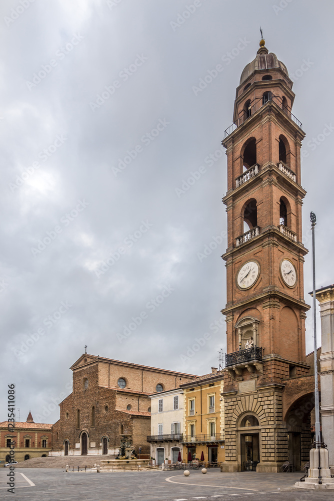 View at the Cathedral of Saint Peter the Apostle and Bell tower at the Liberty place in Faenza - Italy