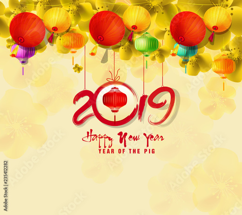 Happy New Year 2019. Chienese New Year, Year of the Pig. Cherry blossom background photo