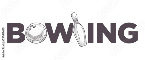 Bowling league poster with ball and skittle monochrome sketch outline vector.