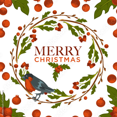Merry Christmas bullfinch bird and mistletoe symbol seamless pattern isolated on white background vector.