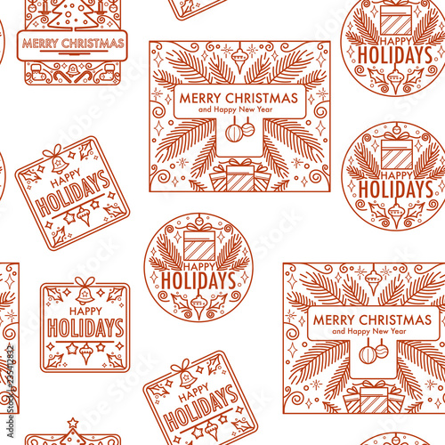 Merry Christmas winter holiday monochrome logo seamless pattern vector.