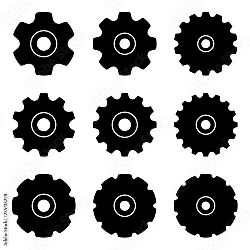 Sprocket wheel icon set. Standard conveyor chains. Silhouette vector