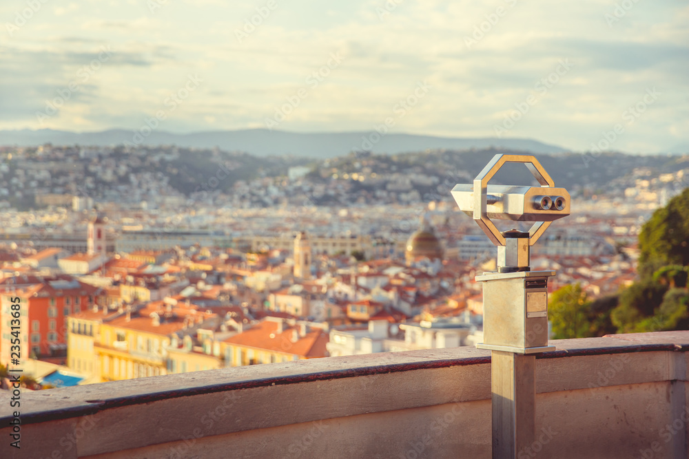 Fototapeta premium Binoculars on the view poin above the old Nice, France