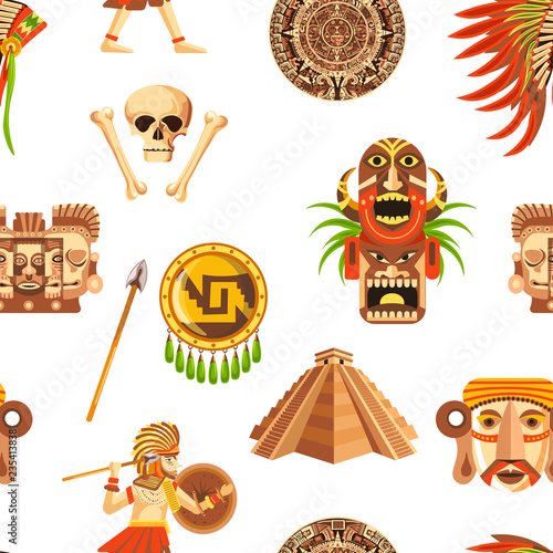 Maya traditional attributes and ancient priceless relics seamless pattern.