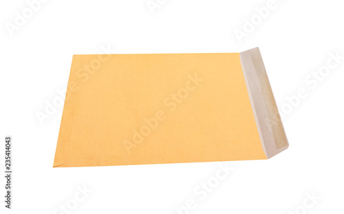 Open brown envelope isolated on white background with clipping path in horizontal space
