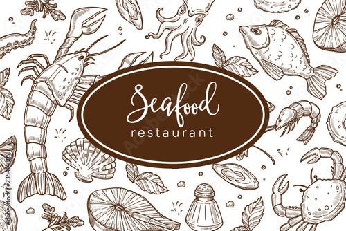 Seafood restaurant sketch poster for menu or tablemat template.