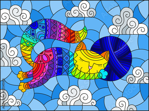 Stained glass illustration of a cartoon rainbow cat hugging a ball of yarn on the background of sky and clouds