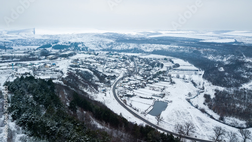 Winter Aerial view over the small village.