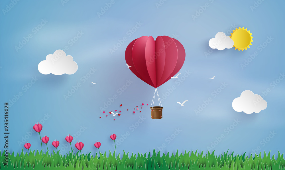 Origami made hot air balloon and cloud