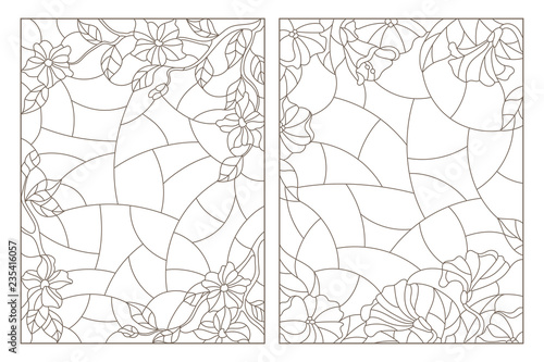 Set of contour illustrations of stained glass Windows with floral backgrounds, dark contours on a white background