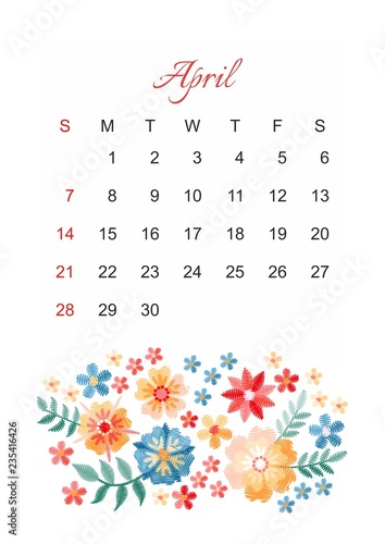 April. Vector calendar template for 2019 year with beautiful composition of embroidery flowers. Week start on sunday. photo