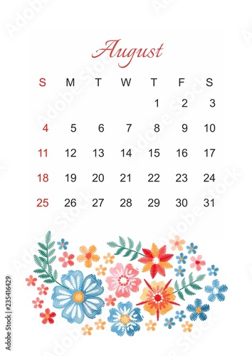 August. Vector calendar template for 2019 year with beautiful composition of embroidery flowers. Week start on sunday. photo